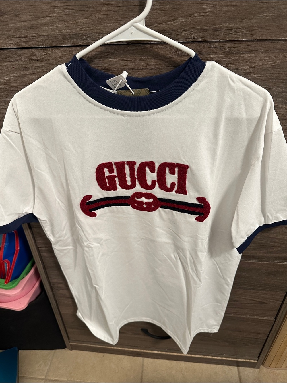 White Tee with Navy Trim and Red Logo size S